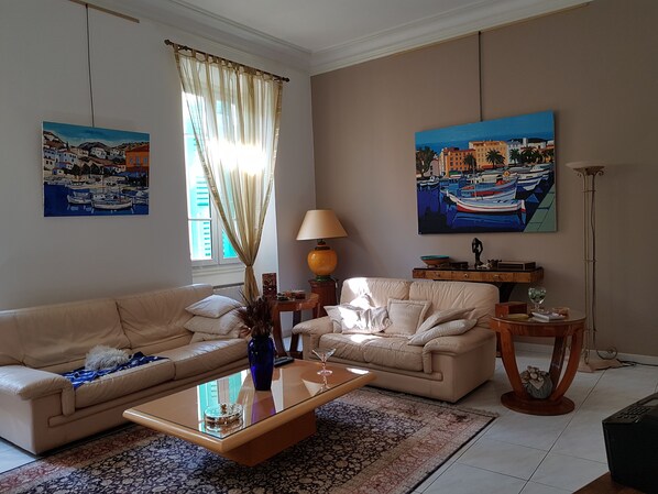 Télévision, cheminée, lecteur de DVD, livres