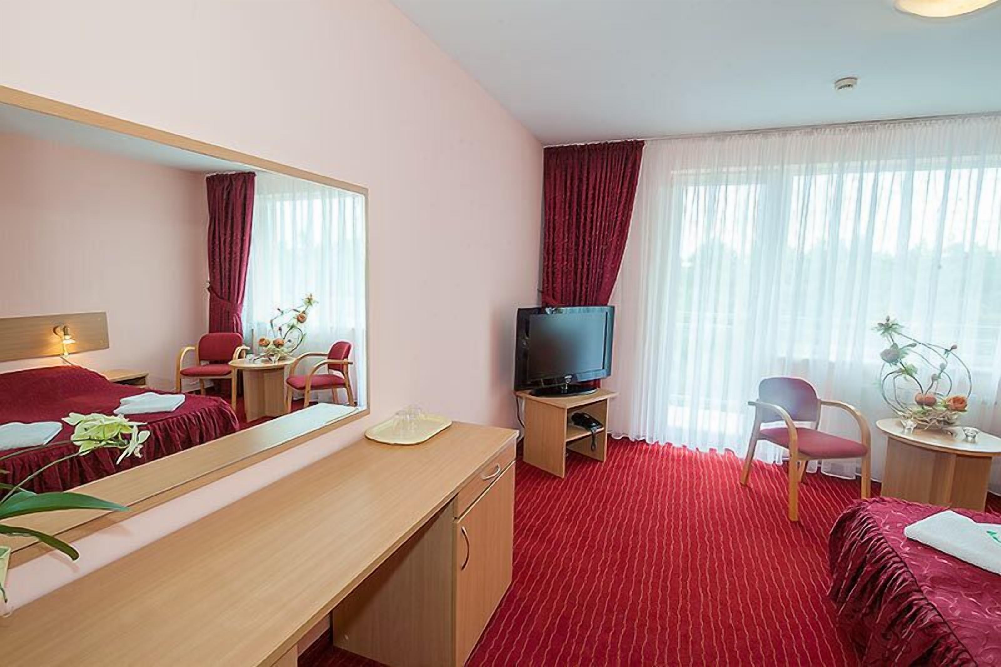 Una habitación de hotel con cama, escritorio, televisor y silla.