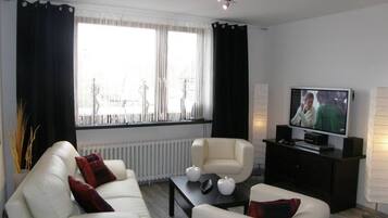 Fernseher, DVD-Player, Bücher, Stereoanlage