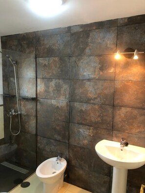 Combined shower/tub, hair dryer, bidet, towels