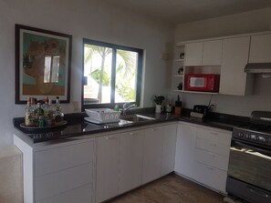 Villa | Private kitchen | Full-sized fridge, microwave, oven, stovetop