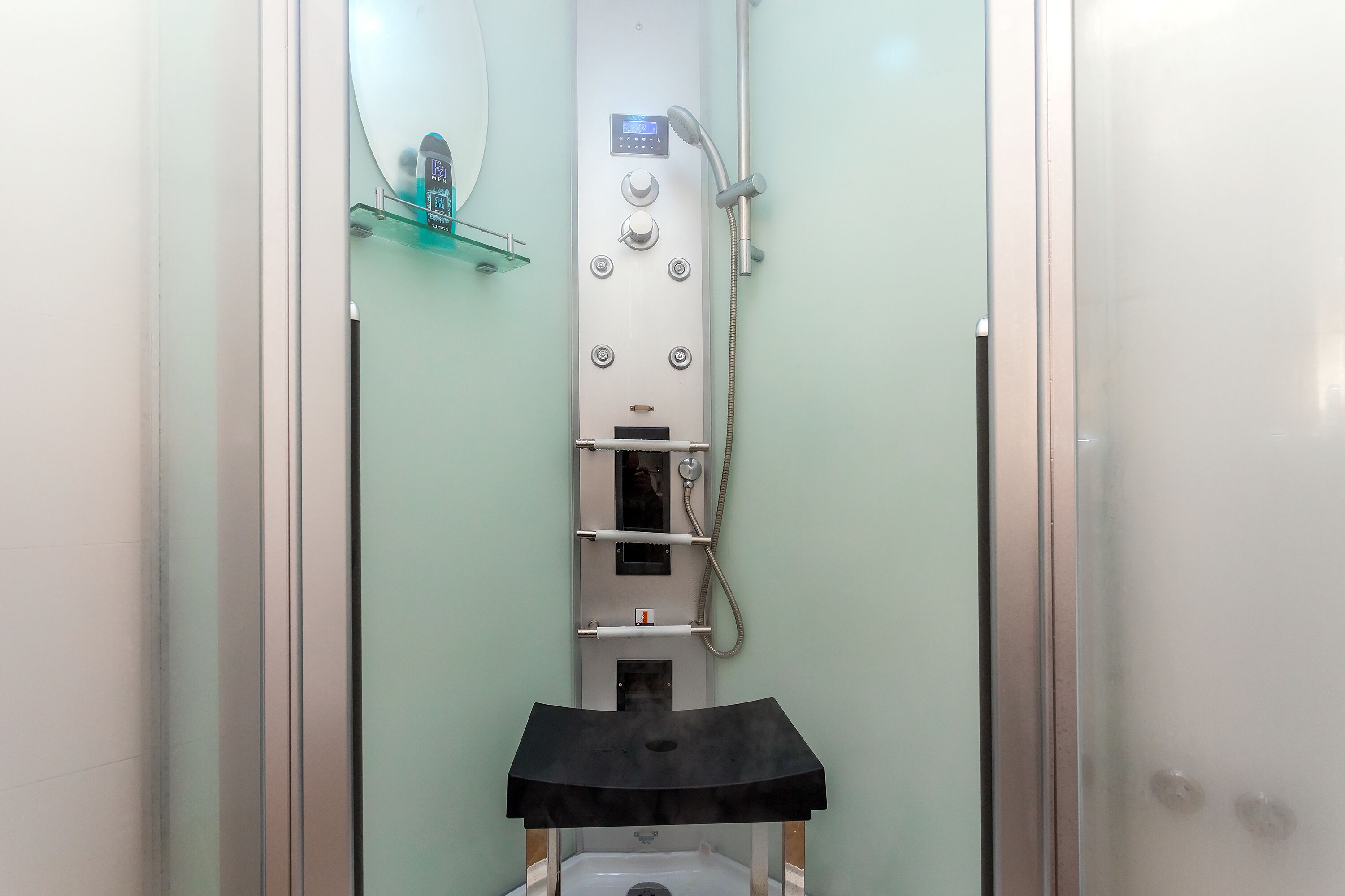 A narrow, enclosed shower stall with a control panel, a handheld showerhead, and a glass shelf above the sink.