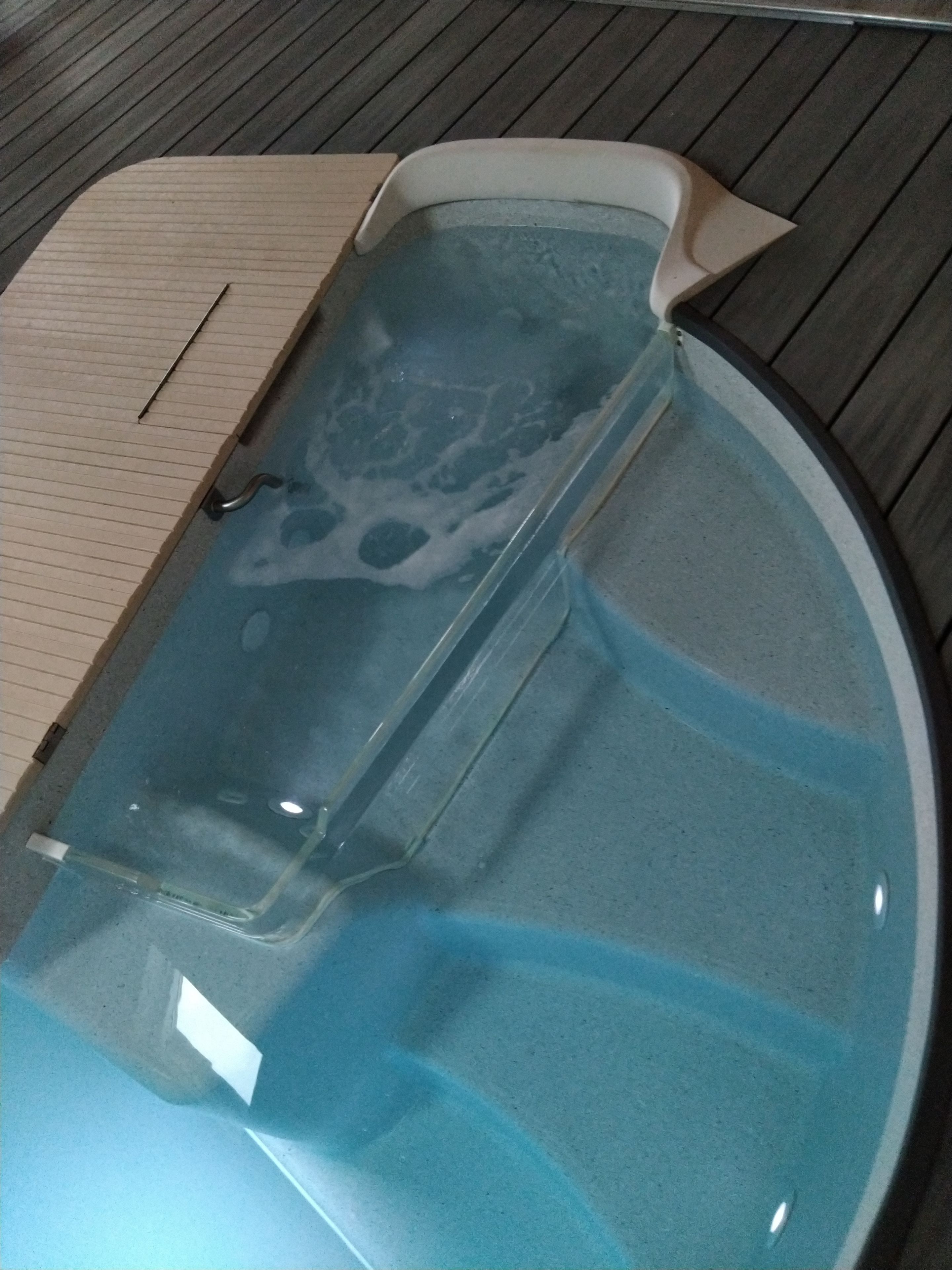 A clear view of a swimming pool with a transparent cover, a metal ladder, and a wooden deck surrounding it.