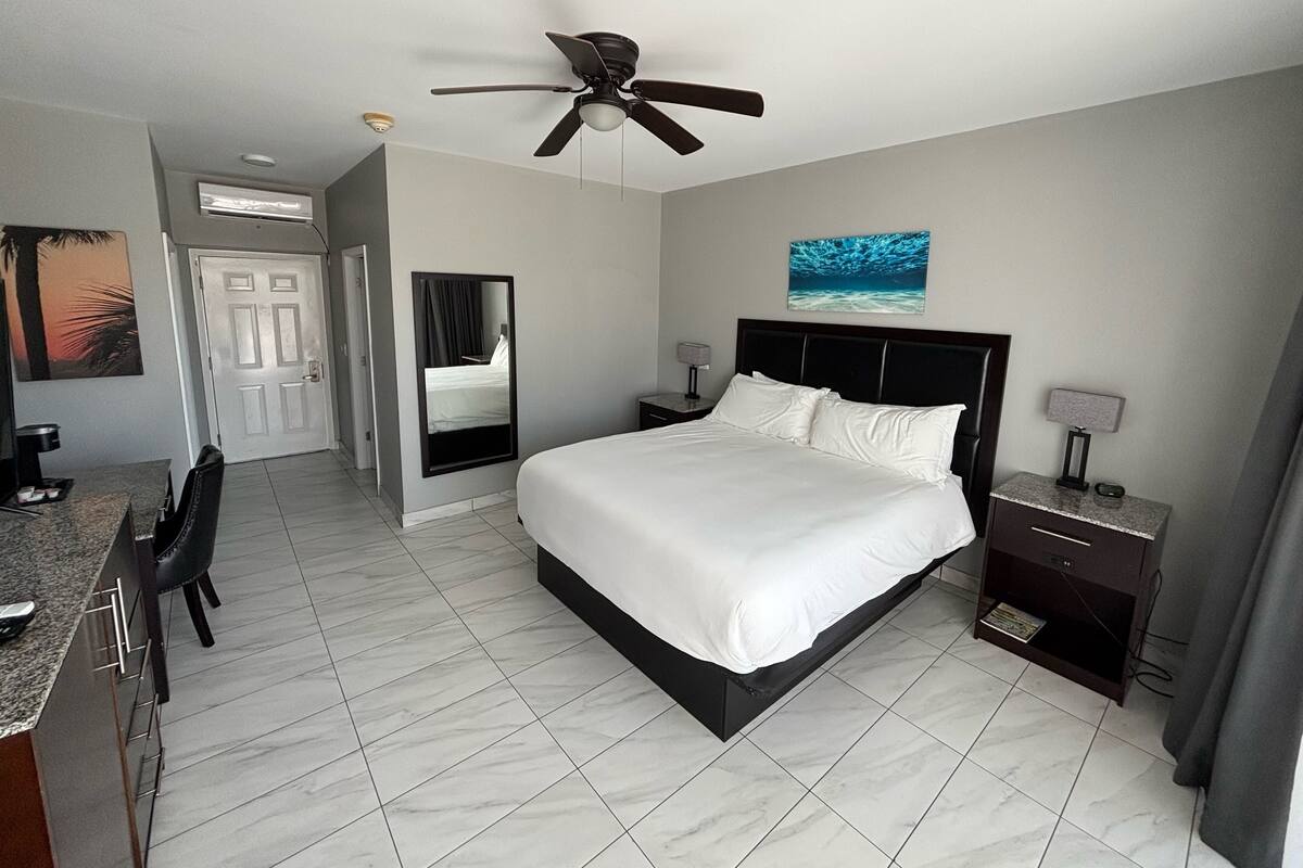 A hotel room with a bed, a desk, a chair, a nightstand, a lamp, a ceiling fan, and a painting on the wall.
