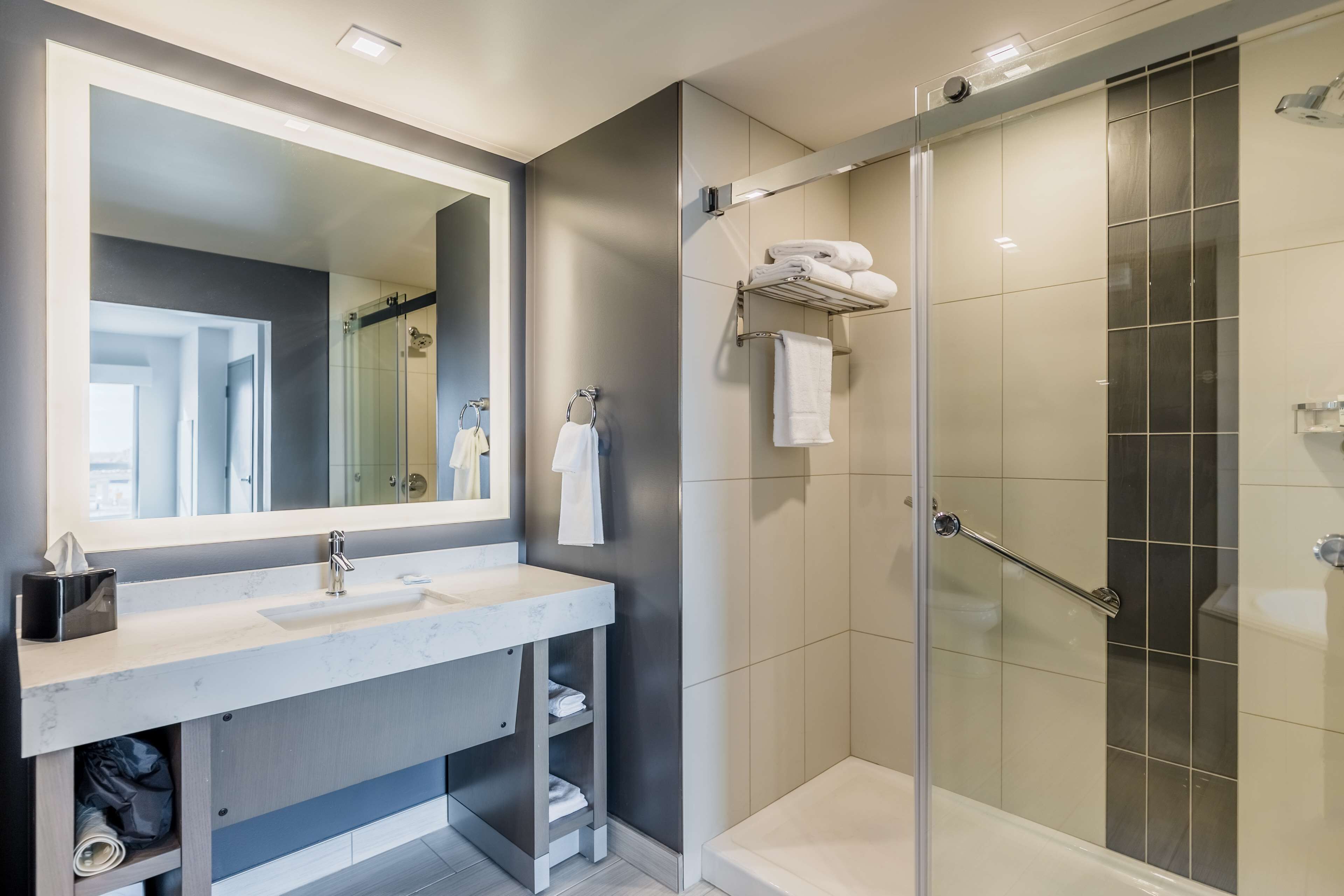 A modern bathroom with a large mirror, a sink, and a glass-enclosed shower.