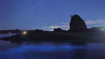 A night scene with a starry sky, a prominent rock formation, and a body of water reflecting the sky.