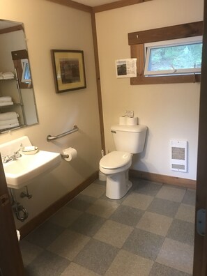 Combined shower/tub, hair dryer, towels, soap