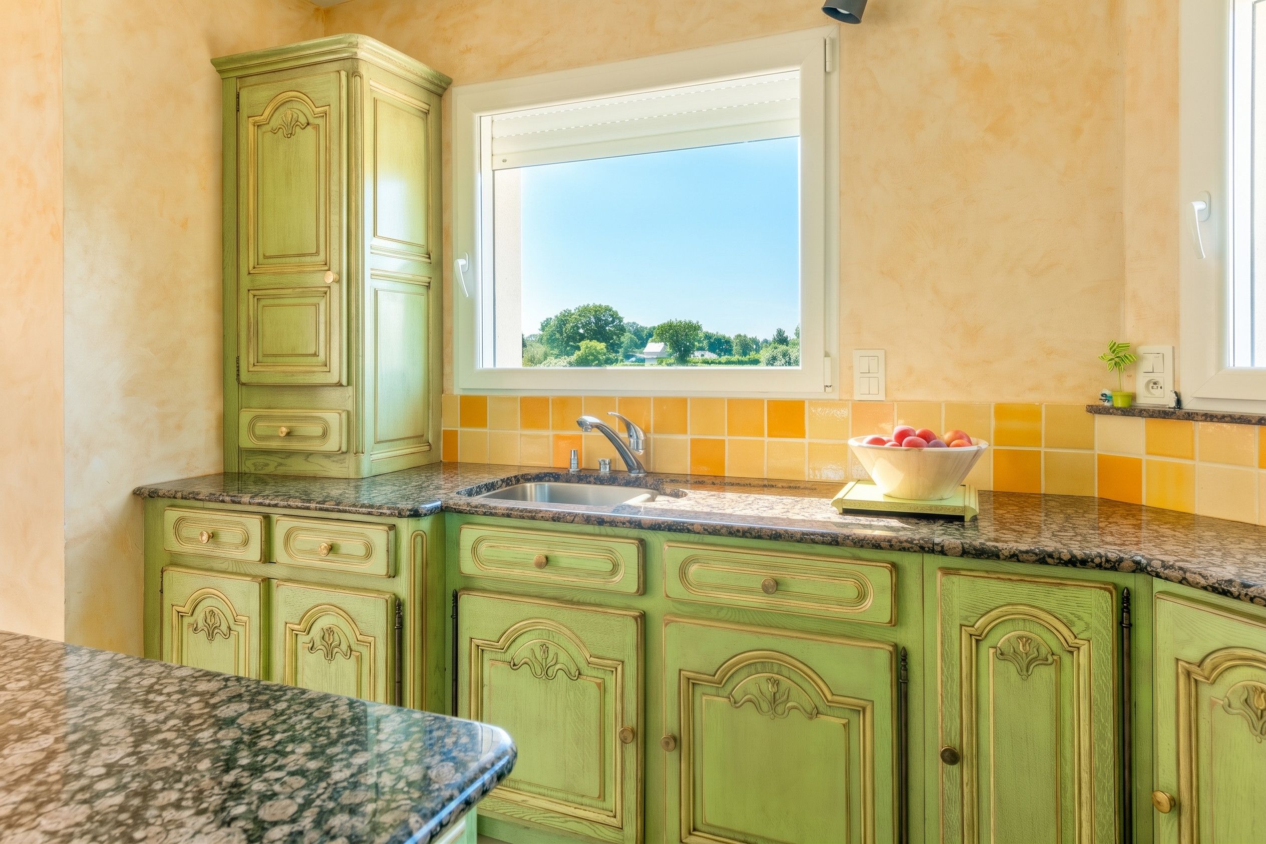 Une cuisine avec des meubles de couleur verte, un plan de travail en granit, une fenêtre donnant sur un beau paysage et un saladier rempli de fruits posé sur le plan de travail.