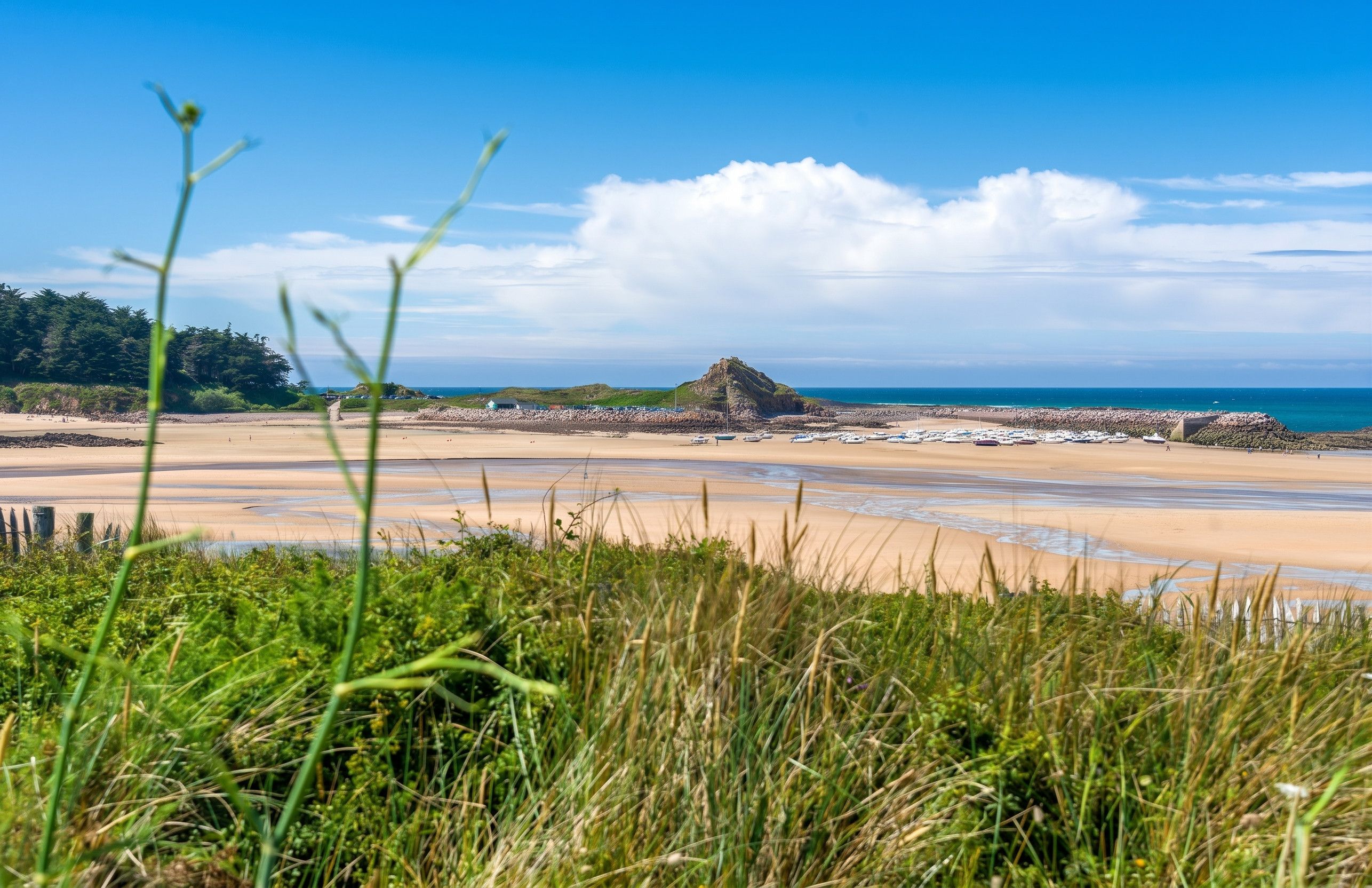 Ein Strand mit einem Felsen, blauem Himmel und ruhigem Wasser.