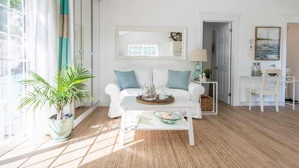 Un salon lumineux avec un canapé blanc, une table basse et une plante en pot.