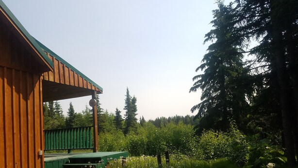En stuga av trä med ett grönt tak och en veranda.