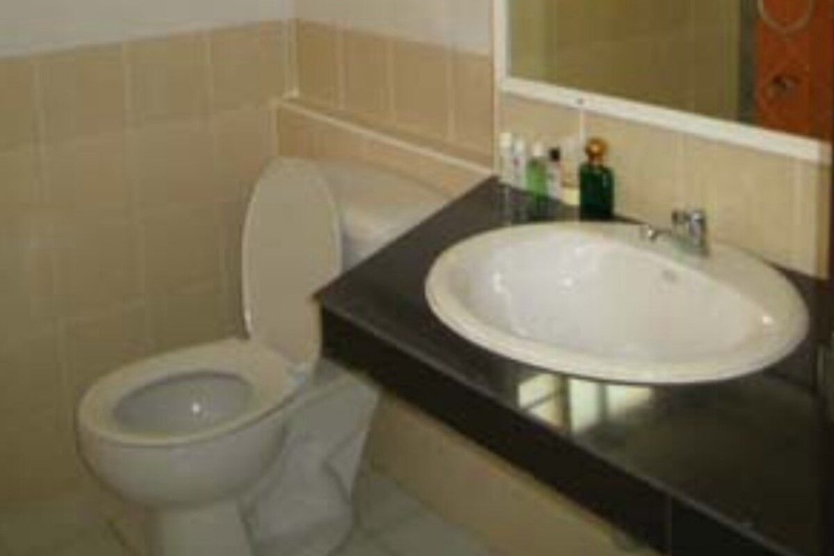 A bathroom with a toilet, sink, and mirror.