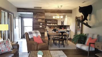 Smart TV, fireplace, books