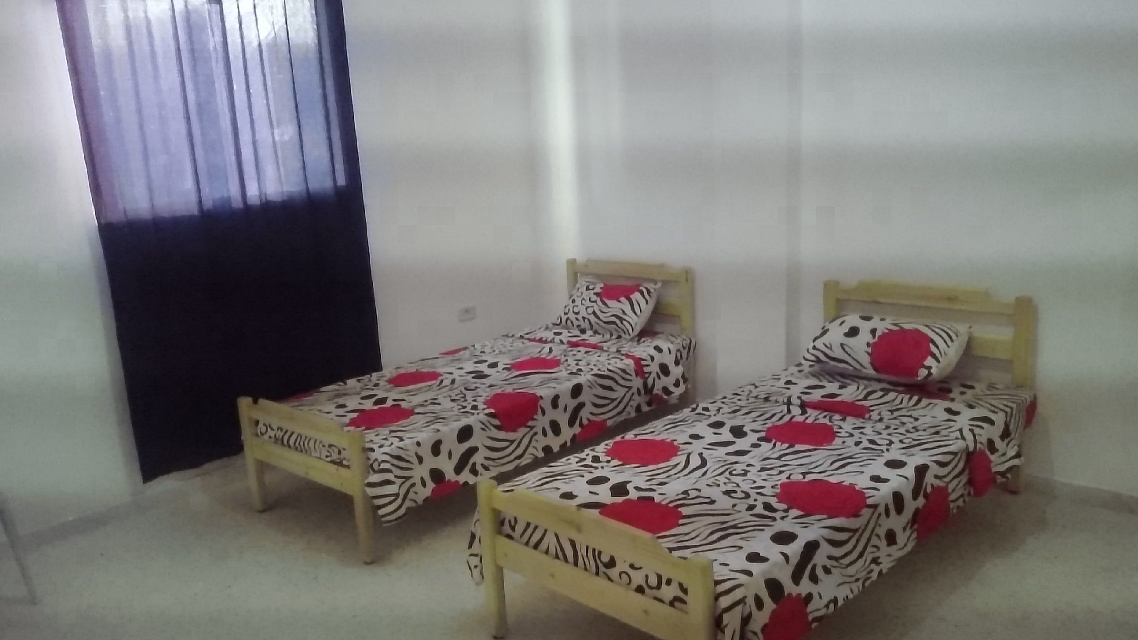 Una habitación con dos camas de madera, cada una con una colcha estampada de cebra y almohadas rojas.