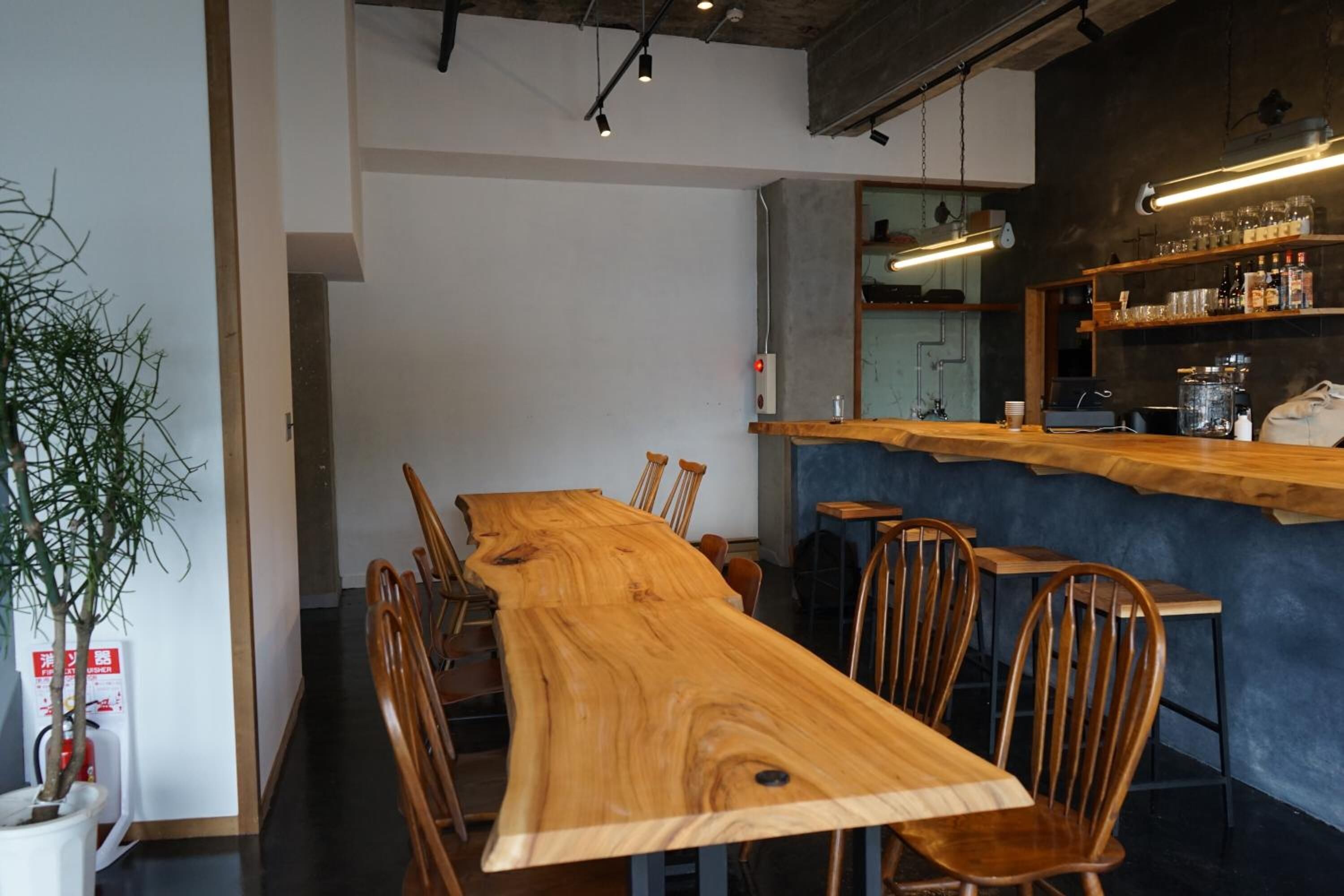 A long wooden table with chairs, a bar area with shelves, and a potted plant.