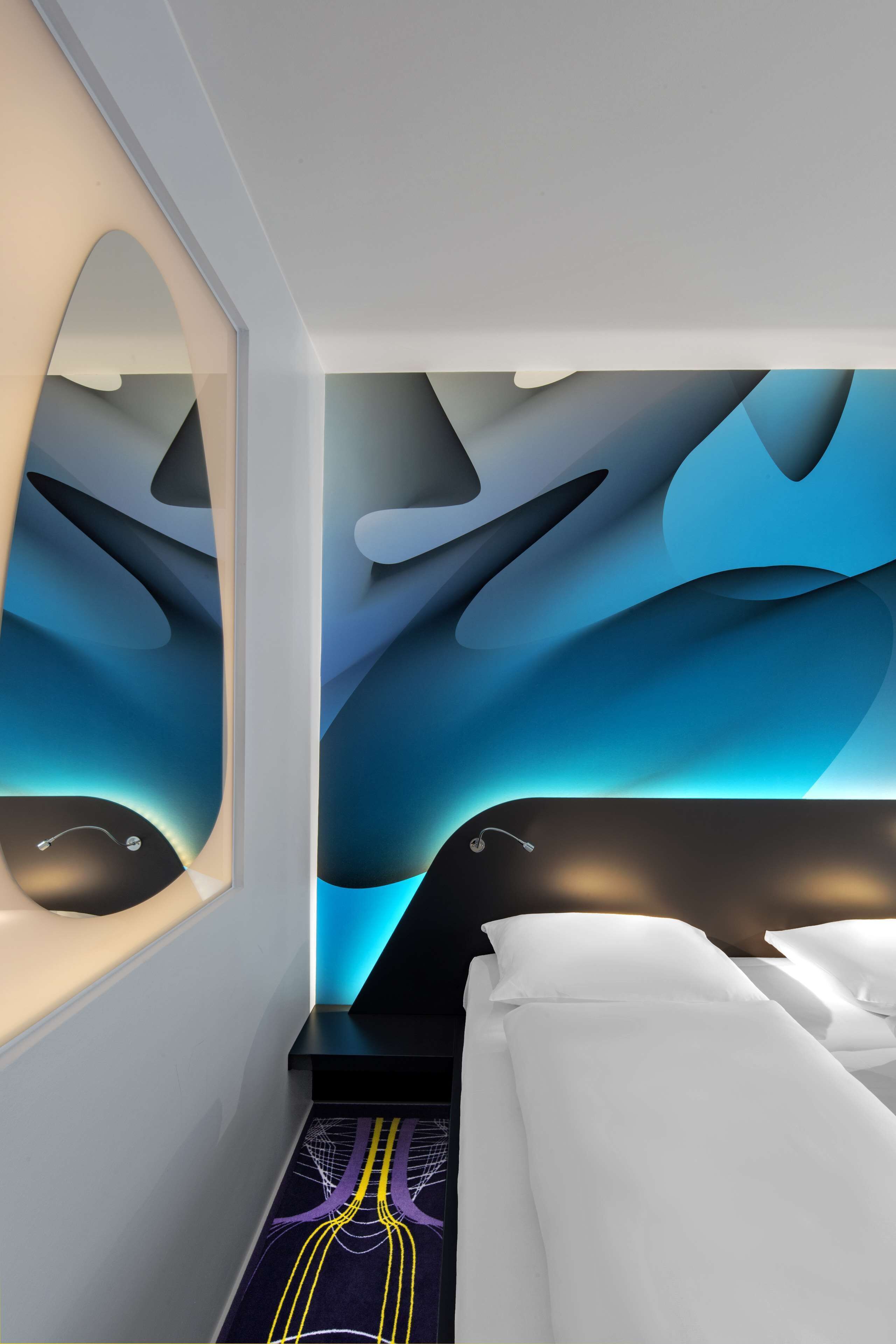 hypo-allergenic bedding, desk, laptop workspace, blackout curtains