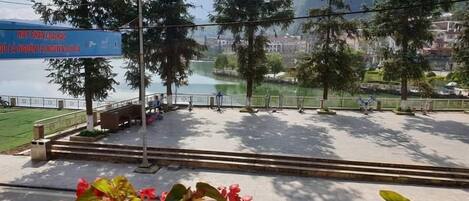 Un parco con un lago, panchine e alberi.