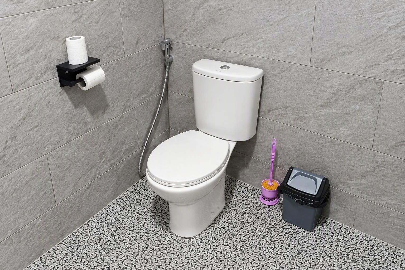 Un baño con inodoro, dispensador de papel higiénico, bidé y cubo de basura.