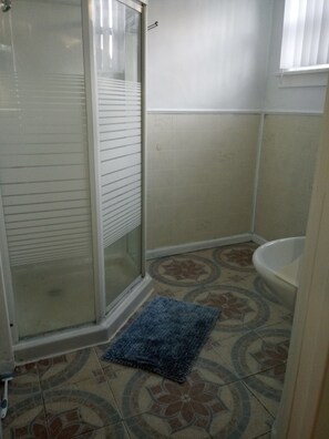 Shower area features a glass door and a floral-patterned floor.