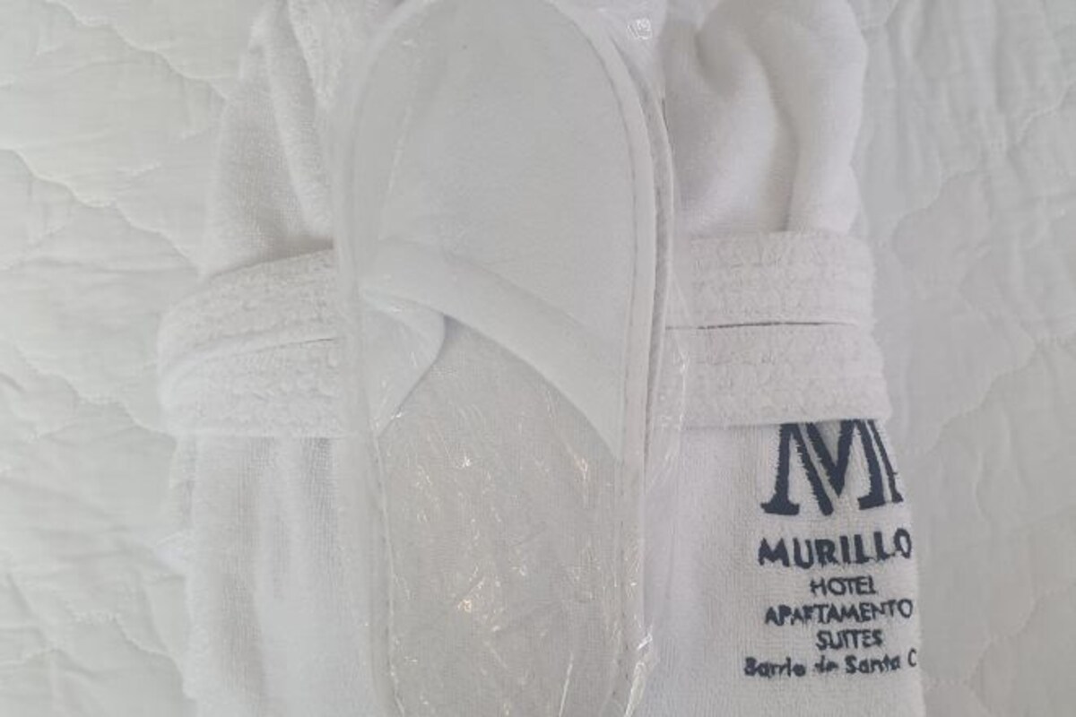 A white textured wall with a label that reads "MURILLO HOTEL APARTAMENTO SUITES Barrio de Santa C."