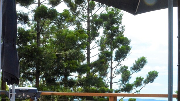 Une terrasse en bois avec un fauteuil de relaxation et un barbecue, donnant sur une forêt et un plan d’eau.