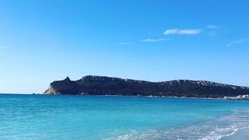 A beach with clear turquoise water, a sandy shore, and a rocky hill in the background.