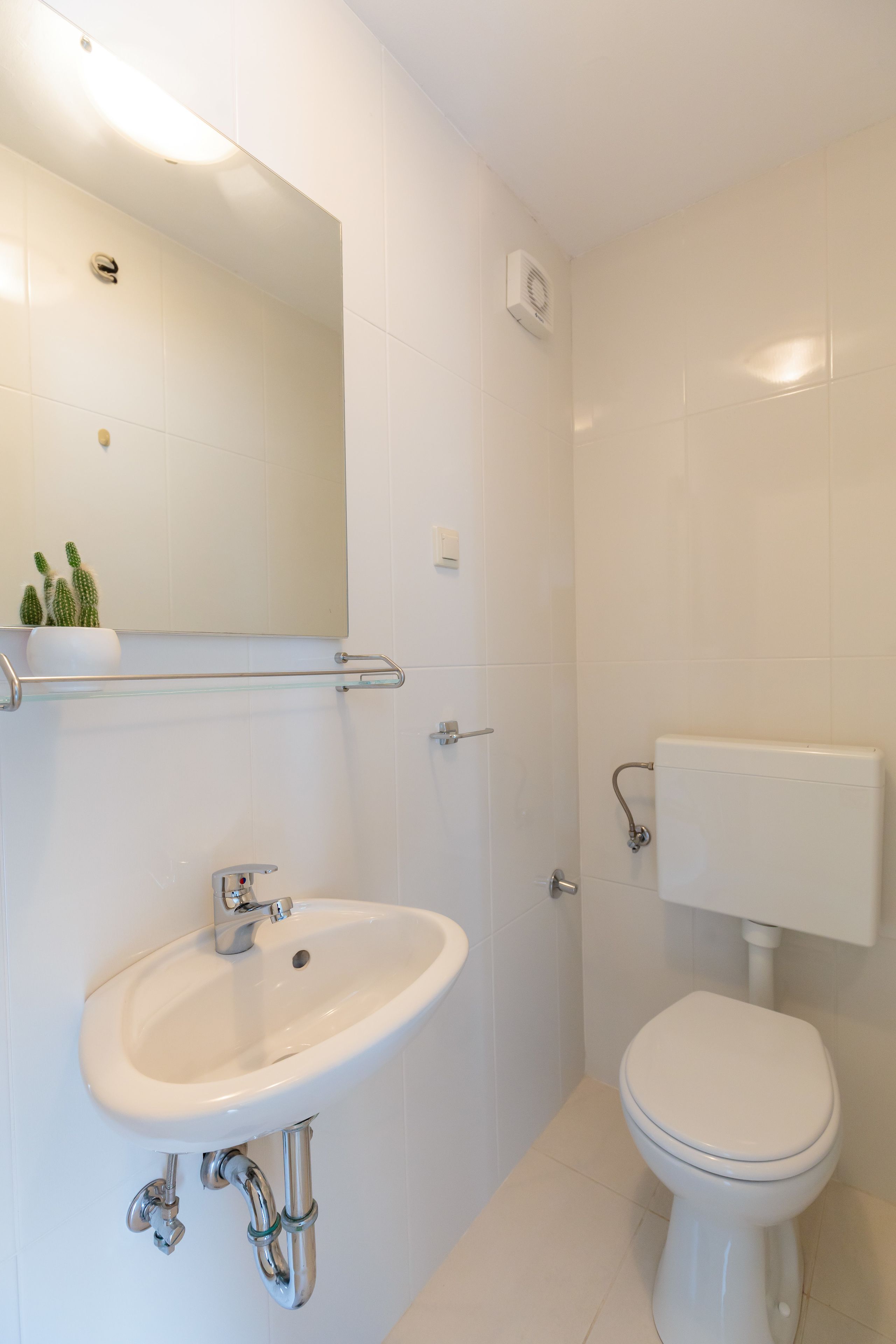A modern bathroom with a white sink, mirror, and toilet.