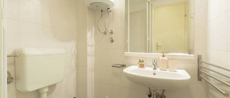 A bathroom with a toilet, a sink, a mirror, and a shower.