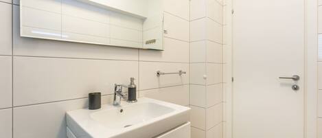 A modern bathroom with a white sink, mirror, and door.