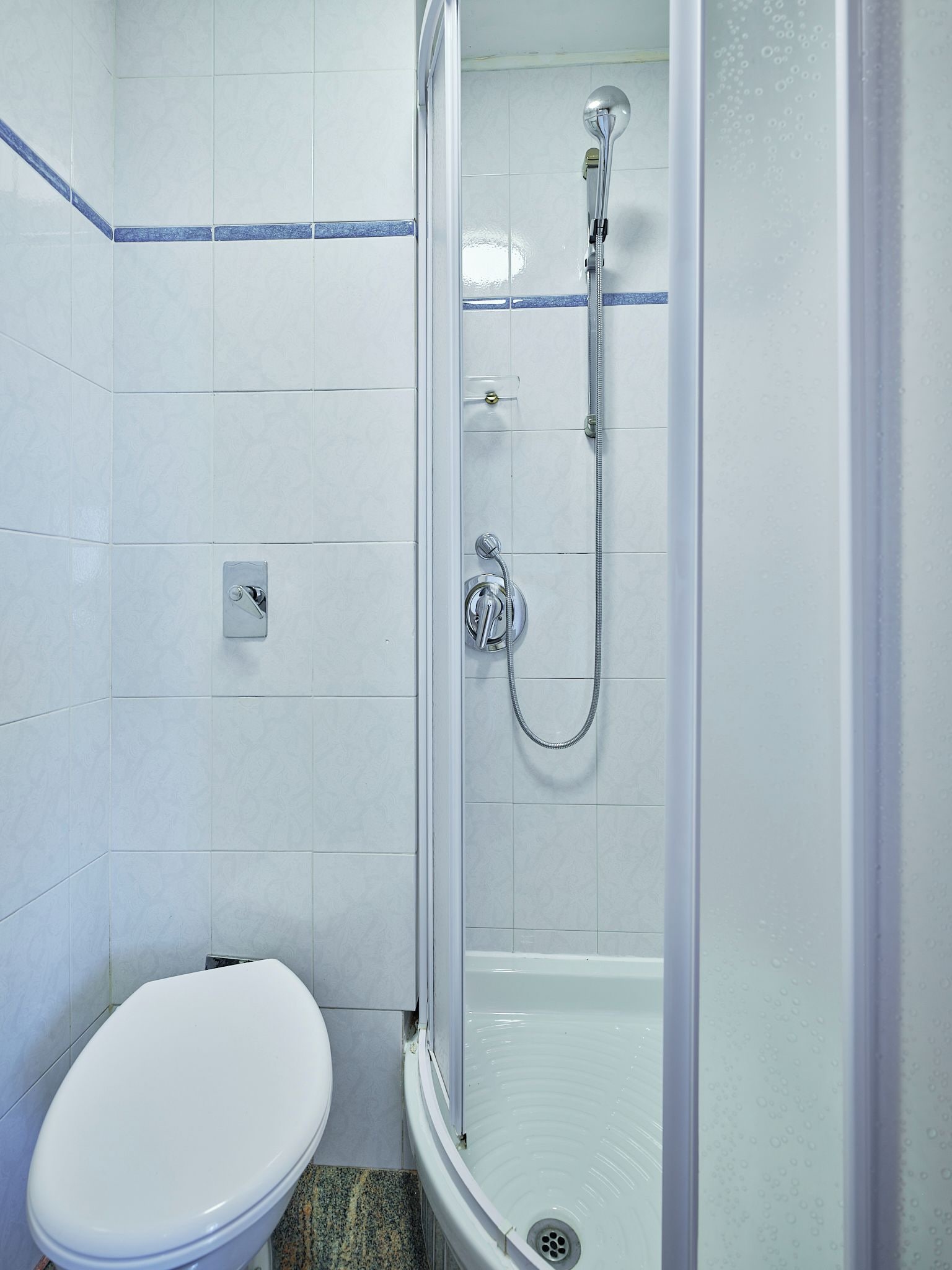 Une salle de bain équipée de toilettes, d’une douche et de murs carrelés.