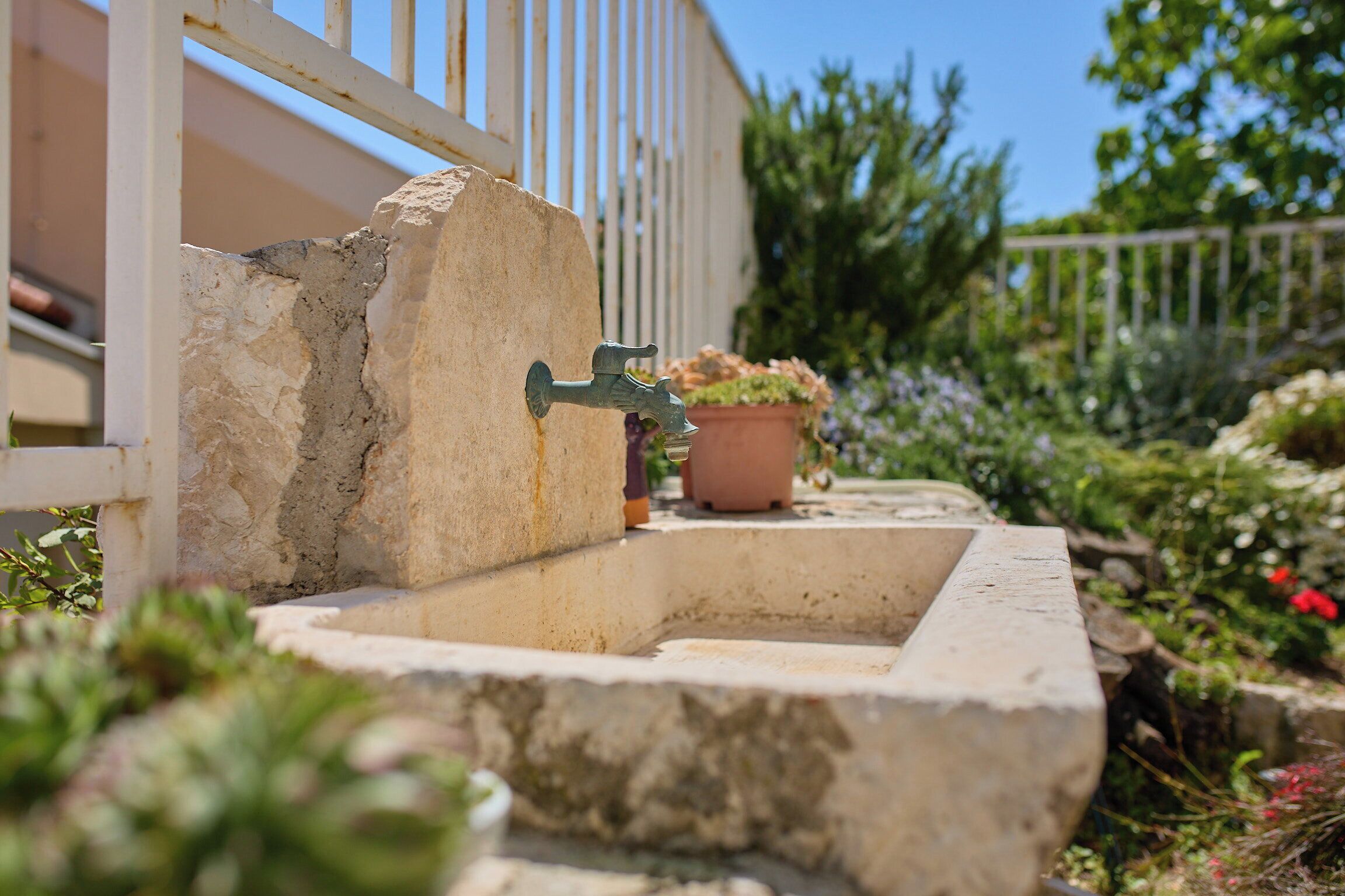 A stone sink with a faucet, a potted plant, and a white fence in a garden setting.