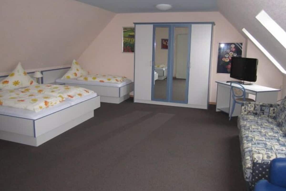 A bedroom with two beds, a desk, a chair, a television, and a door leading to another room.
