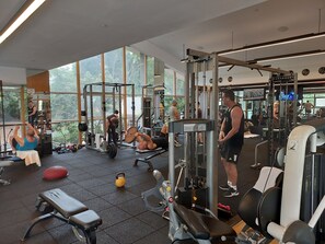 A gym with various exercise equipment, large windows, and a view of greenery outside. - INDIGO TLV (Tel Aviv)