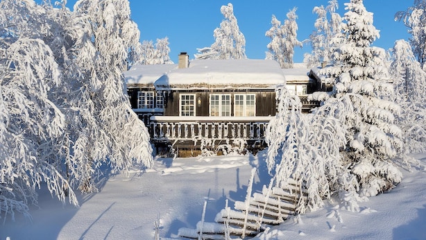 Una cabaña de madera con un porche, rodeada de árboles cubiertos de nieve.