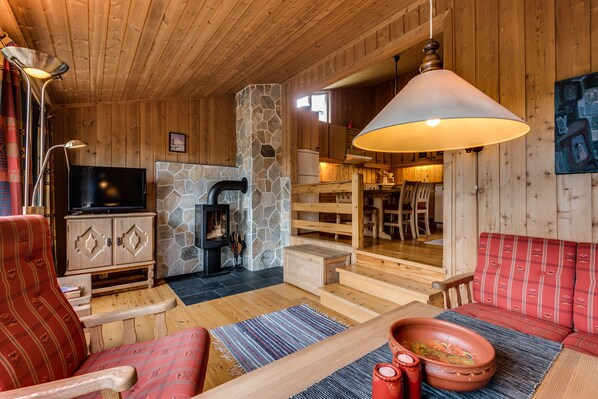 Cabin, 2 Bedrooms | Living area | Flat-screen TV, fireplace