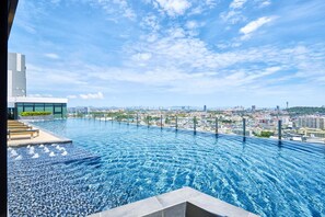 A rooftop infinity pool with a city view, a modern building with a green roof, and a clear sky.
