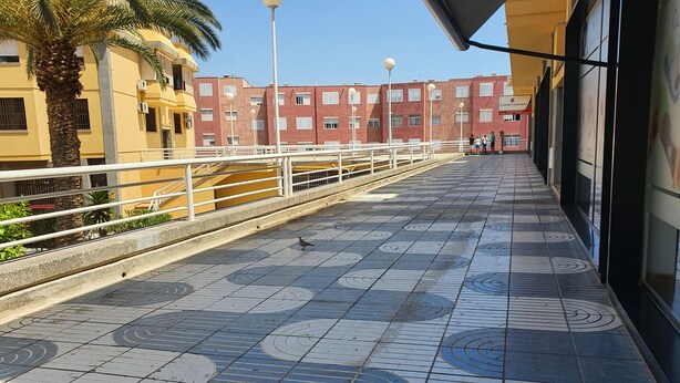 A tiled walkway with a palm tree and buildings in the background. - Doramas Private Rooms Shared Toilet (San Bartolomé de Tirajana)
