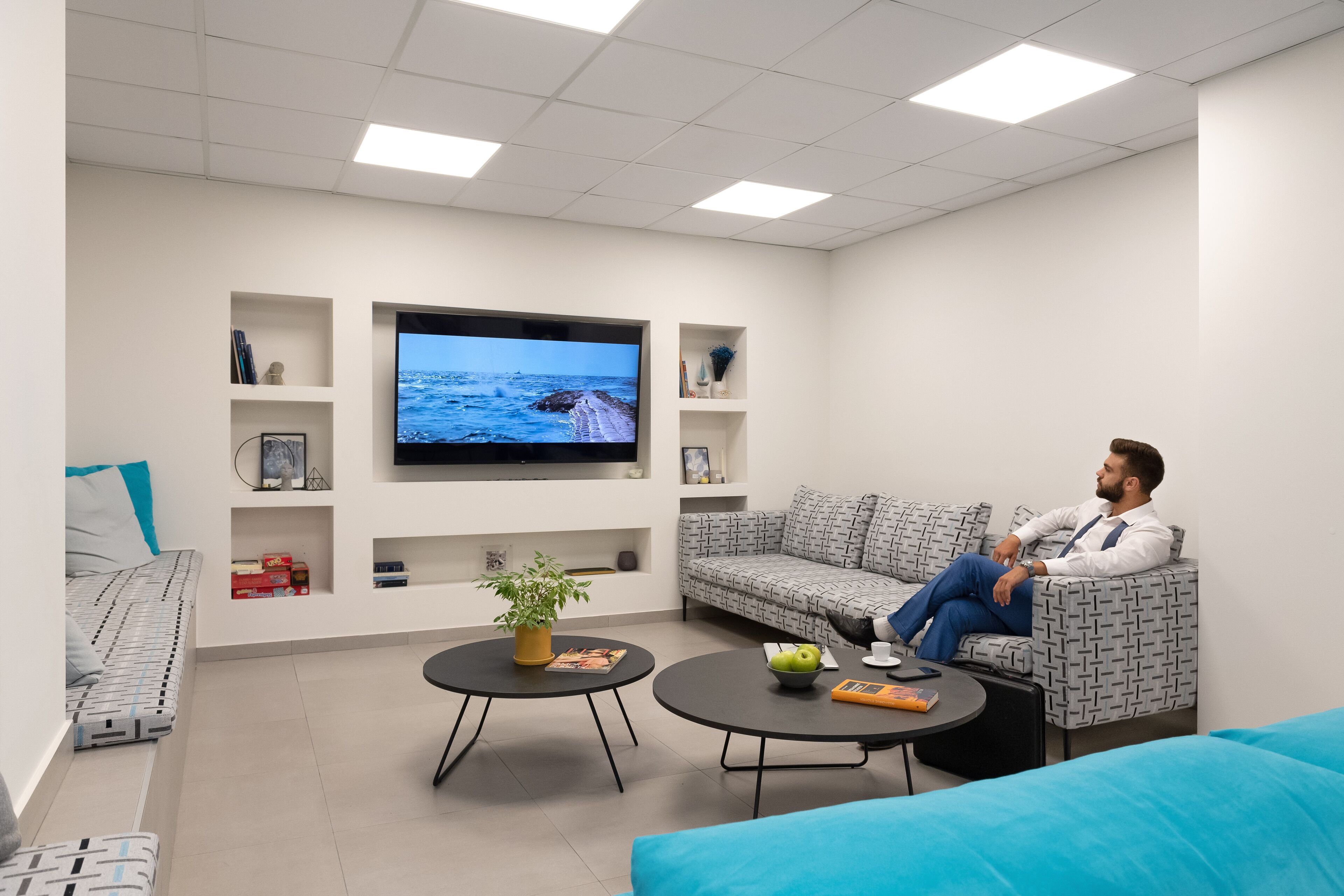 A modern living room with a large flat-screen TV, a sofa, a coffee table, and a small side table with a plant.