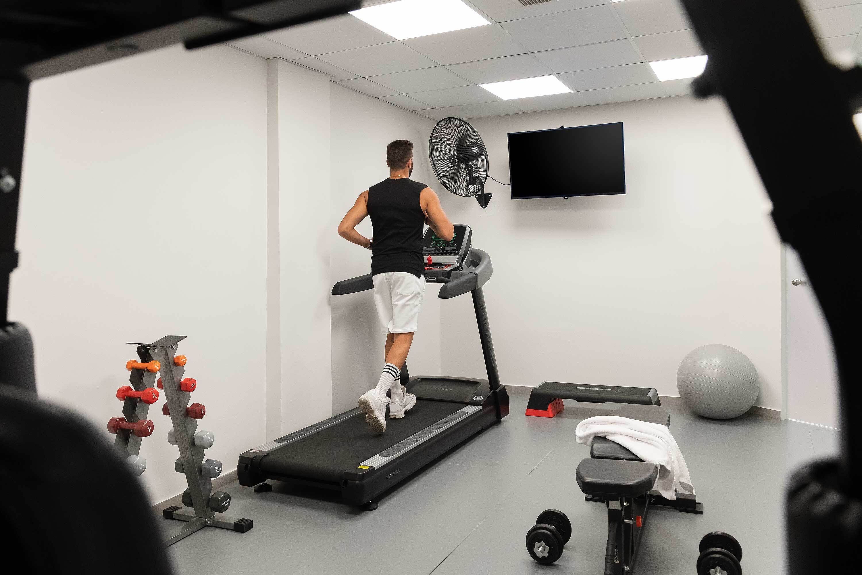 A gym with a treadmill, dumbbells, a stationary bike, and a large exercise ball.