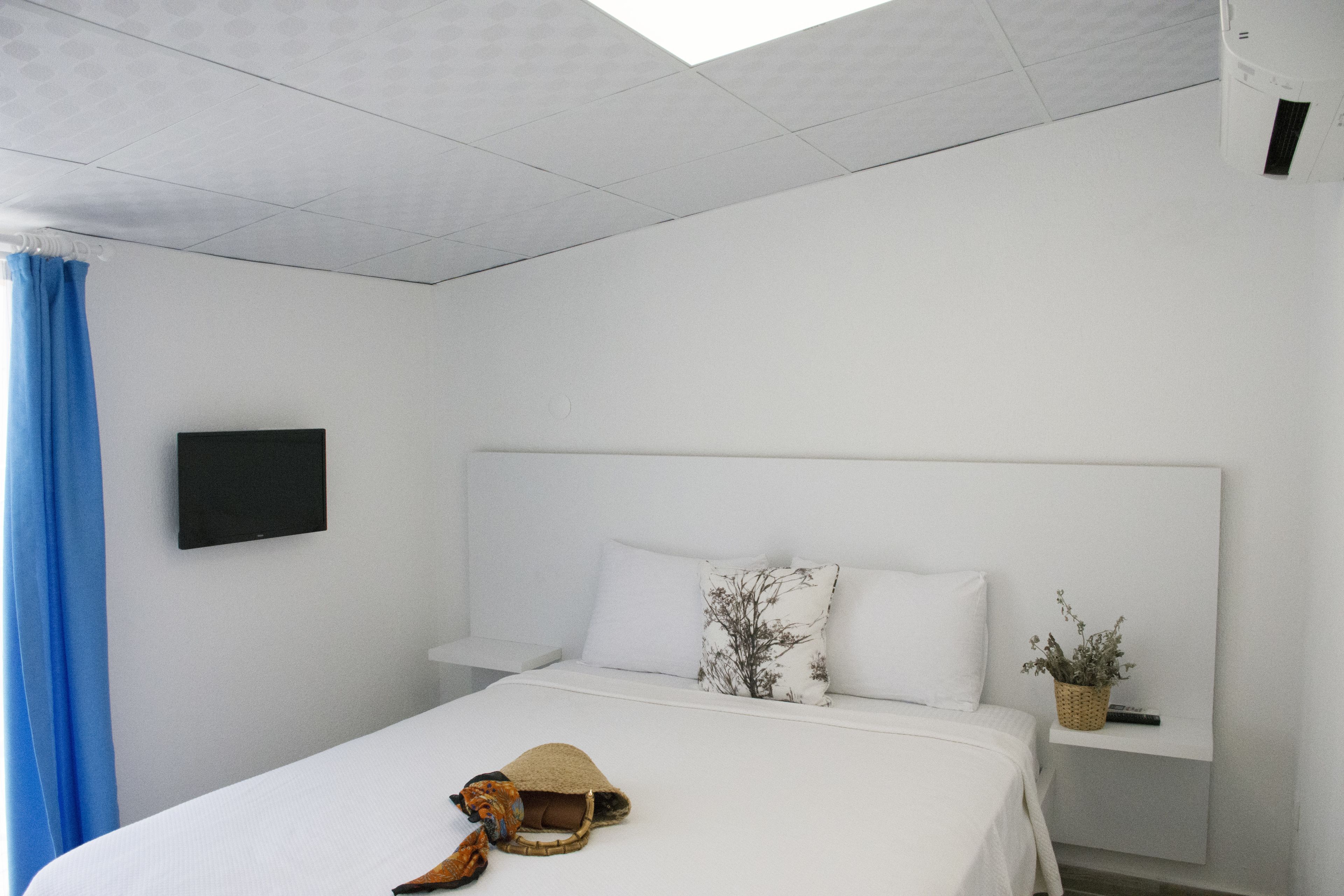 A hotel room with a bed, a mounted TV, a nightstand, and a wall-mounted shelf with a plant.