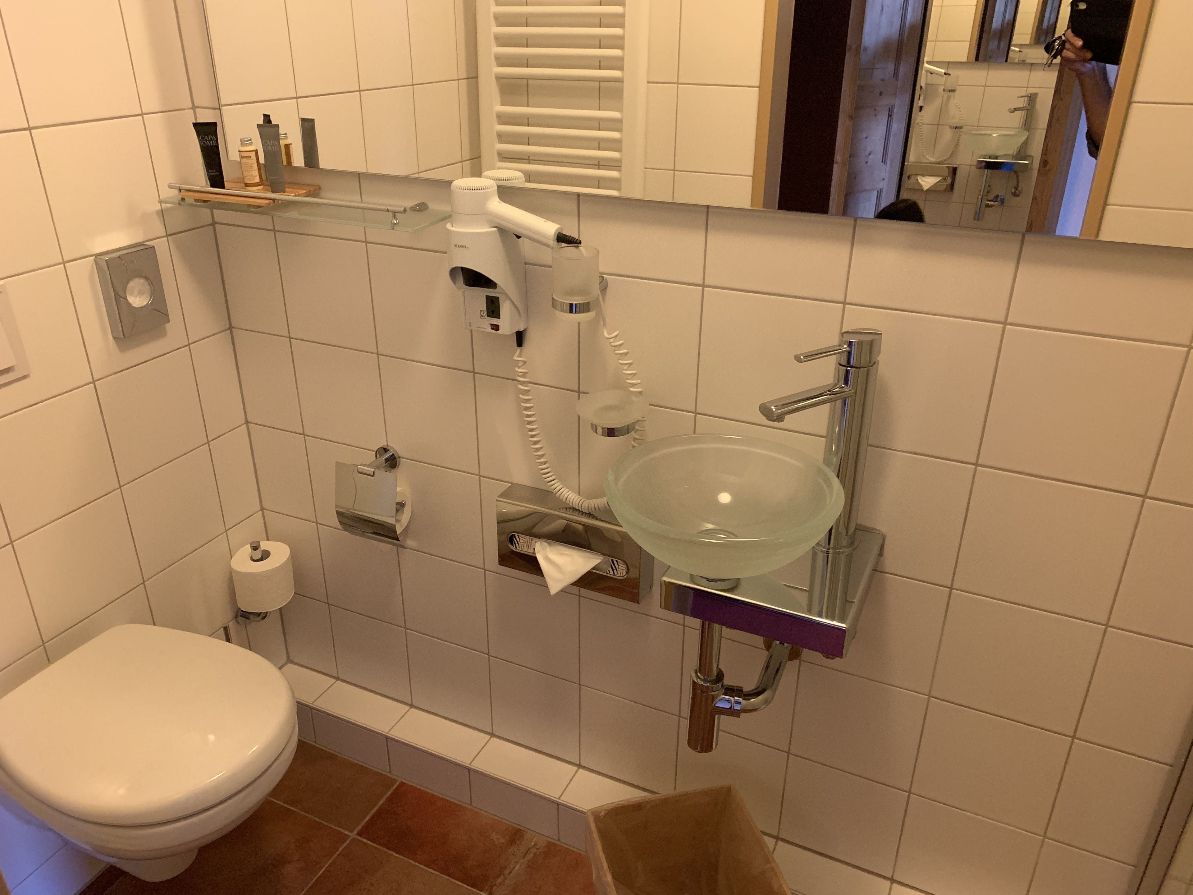 A bathroom with a white toilet, a glass sink, and a hairdryer on a shelf.