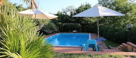 Seasonal outdoor pool, pool umbrellas