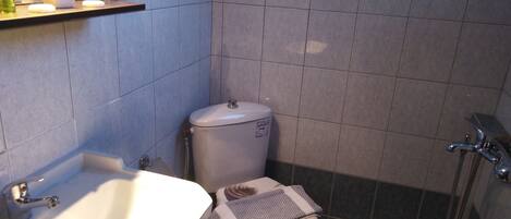 Un baño con lavamanos, inodoro y ducha blancos. Hay plantas en macetas sobre un estante encima del lavamanos.
