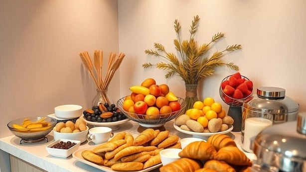 A buffet with various food items including fruits, pastries, and beverages. - Hôtel Les Paturelles  (Avesnelles)