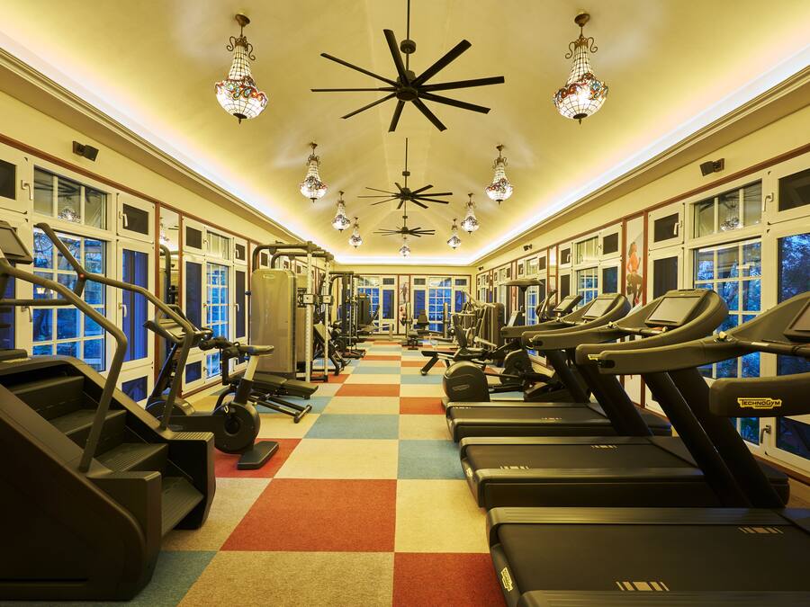 Un gimnasio con cintas de correr, equipos de ejercicio y ventanas amplias.