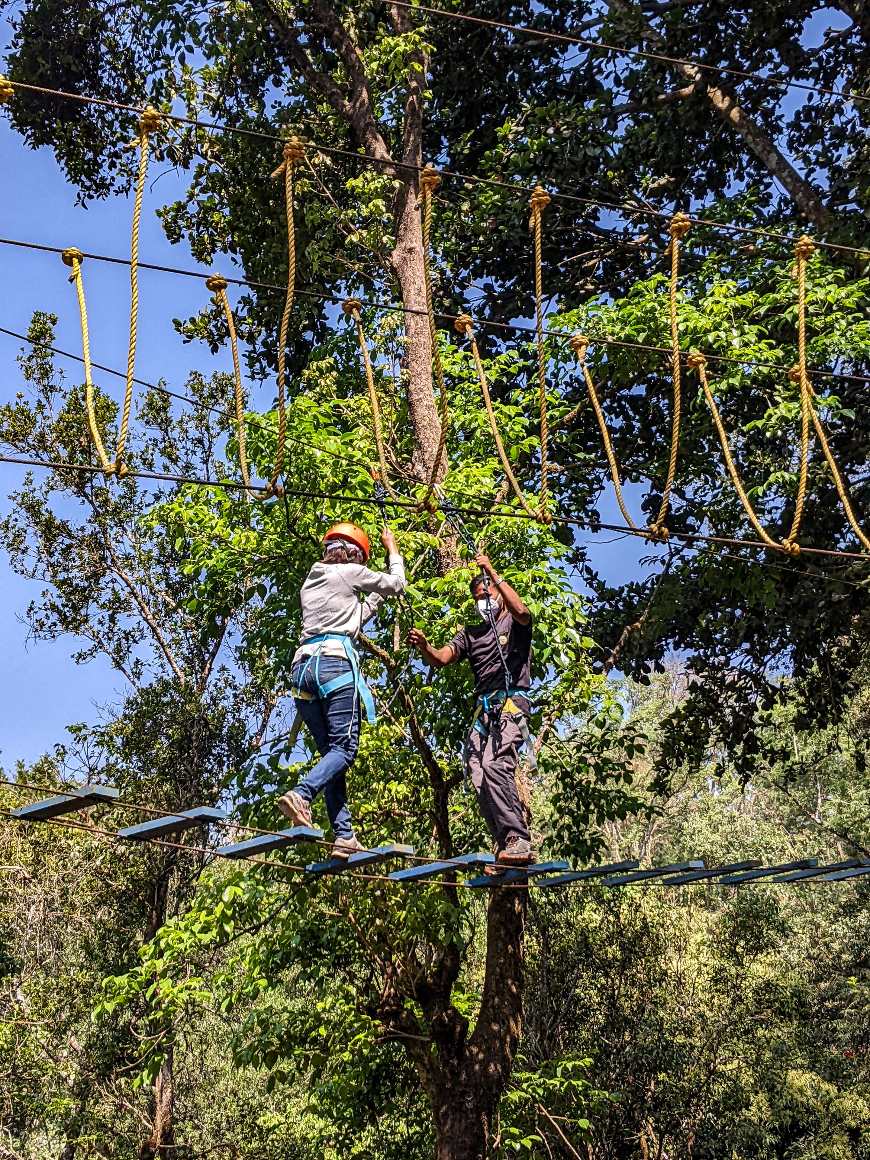 Two people on a rope bridge in a forested area.