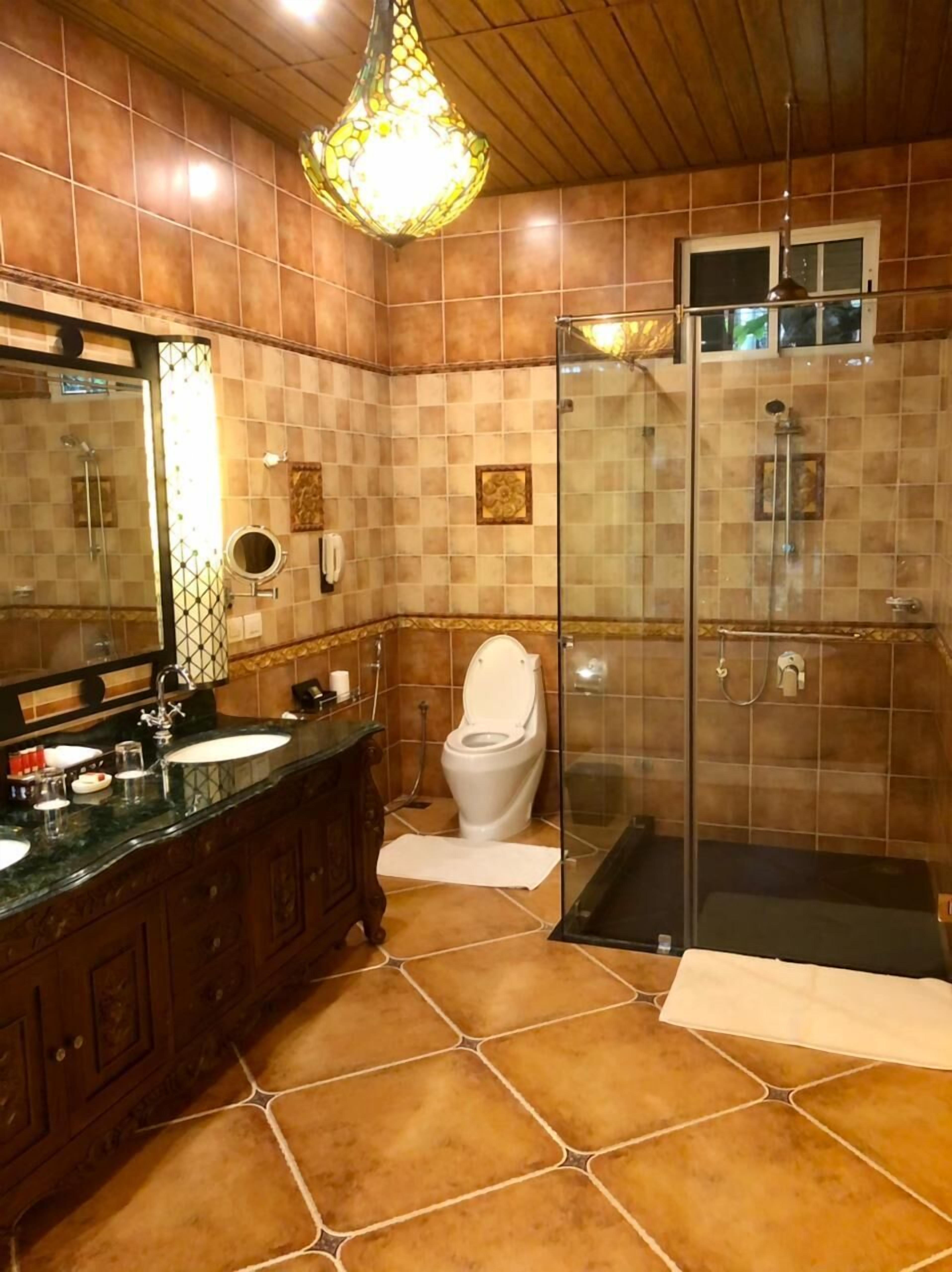 Un baño con ducha de mampara de vidrio, tocador con espejo y un inodoro.