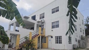 Un edificio de dos pisos con una escalera central, varias ventanas y un pequeño jardín.