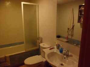 Combined shower/tub, bidet, towels, shampoo