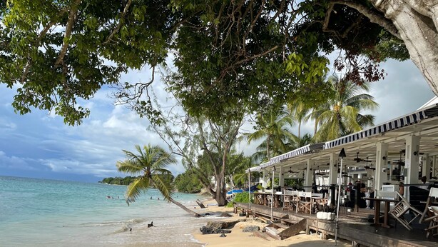 A beachside restaurant with outdoor seating, palm trees, and a view of the ocean. - Giggles - Beautiful Bajan Villa with Private Pool (Sunset Crest)